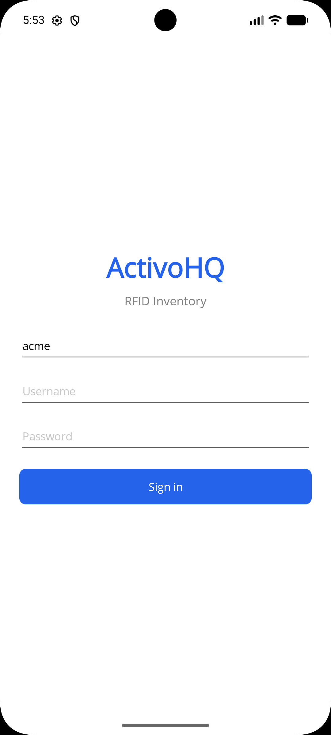 activoHQ RFID Inventory app sign-in screen