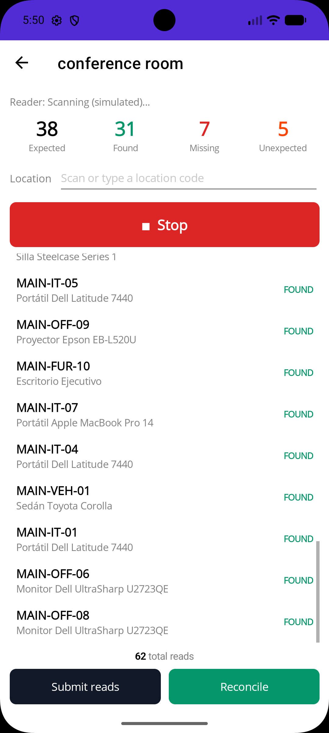 activoHQ app live RFID scan with expected, found and missing tally