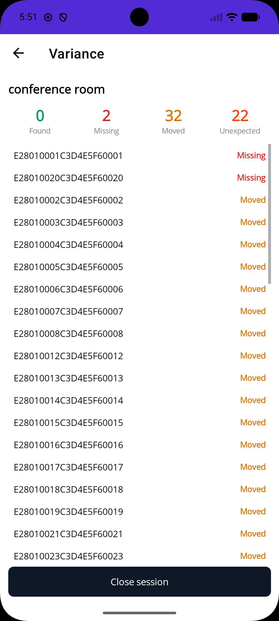 activoHQ app variance report showing missing and moved assets